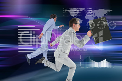 Composite image of businessmen holding briefcase running over white background