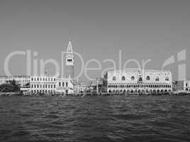 St Mark square seen fron St Mark basin in Venice in black and white