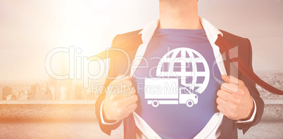 Graphic image of businessman opening shirt superhero style