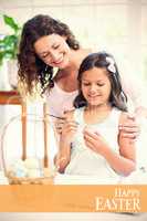 Composite image of happy mother and daughter painting easter eggs