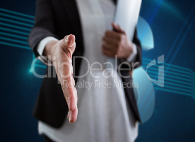 Composite image of corporate woman offering handshake