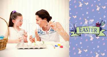 Composite image of mother and daughter painting easter eggs