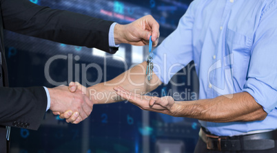 Composite image of businessman shaking hands and giving keys