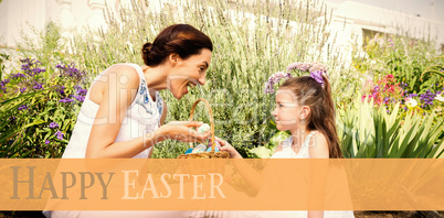 Composite image of mother and daughter collecting easter eggs