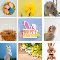 Composite image of happy easter with eggs and bunny