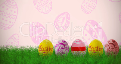 Composite image of multi colored easter eggs side by side
