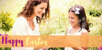 Composite image of happy mother and daughter collecting easter eggs
