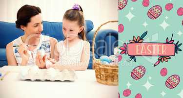 Composite image of mother and daughter painting easter eggs