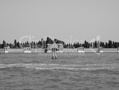 San Michele cemetery island in Venice in black and white