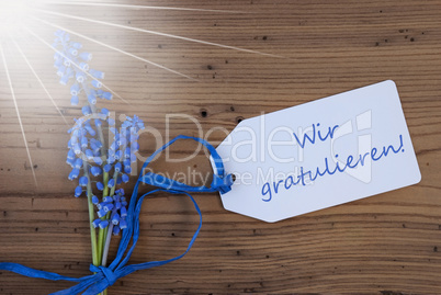 Sunny Srping Grape Hyacinth, Label, Wir Gratulieren Means Congratulations