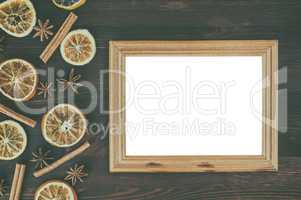 Empty wooden frame on a brown surface