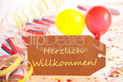 Party Label, Balloon, Streamer, Herzlichen Willkommen Means Welcome