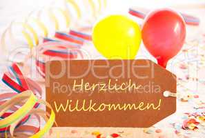 Party Label, Balloon, Streamer, Herzlichen Willkommen Means Welcome