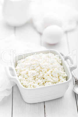 Cottage cheese on white wooden rustic background, dairy product