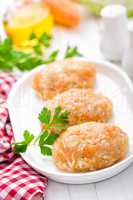 Raw, uncooked meat cutlets with vegetables, baby food