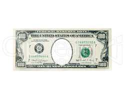 one hundred dollar note with hole instead president isolated