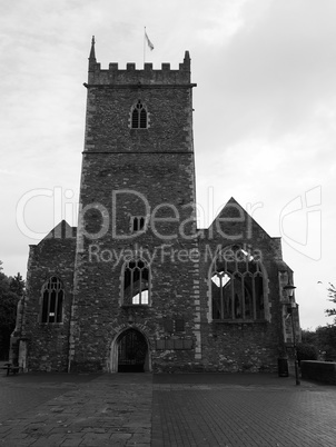 St Peter ruined church in Bristol in black and white