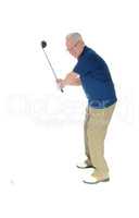 Senior practicing golf at home.