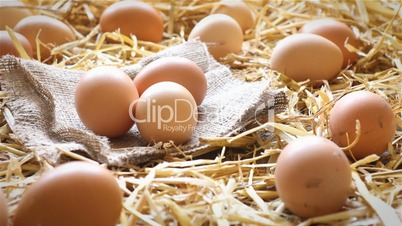 Organic eggs on rustic wood and straw