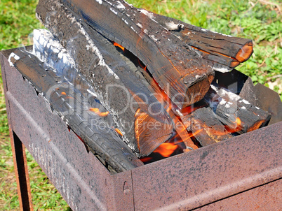 Firewood burning in metal tray