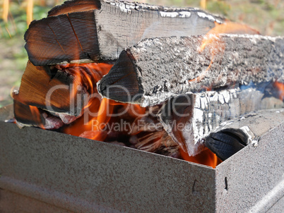 Firewood burning in metal tray close-up
