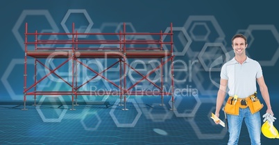 Builder and 3D scaffolding with blue background
