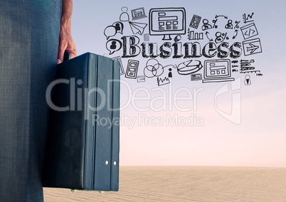 Businessman with briefcase and Creativity text with drawings graphics