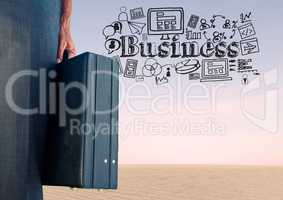 Businessman with briefcase and Creativity text with drawings graphics