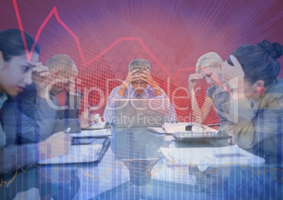Stressfull business meeting with chart graphic overlay against red background
