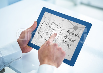 Hands with blue tablet showing black math doodles against grey interface