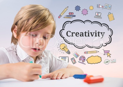 Young boy coloring with Creativity text with drawings graphics