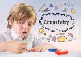 Young boy coloring with Creativity text with drawings graphics