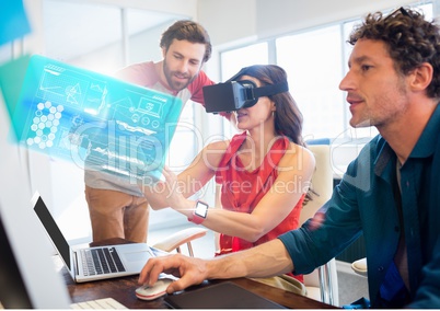 Woman in office wearing VR Virtual Reality Headset with Interface