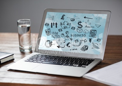 Laptop on desk showing black business doodles and sky