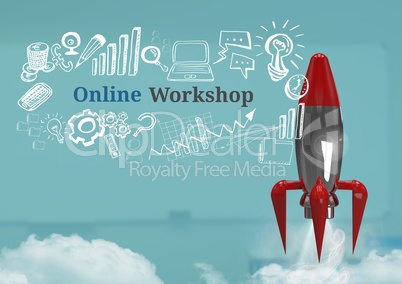 3D Rocket flying and Online Workshop text with drawings graphics