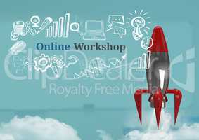 3D Rocket flying and Online Workshop text with drawings graphics