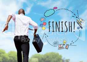 Businessman running with briefcase and Finish text with drawings graphics