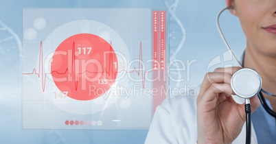 Digital composite image of doctor holding stethoscope by pulse trace