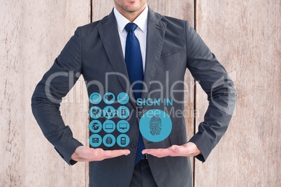 Digital composite image of businessman presenting medical icons