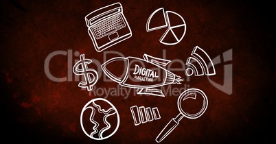 Digital marketing icon surrounded with various symbols on dark background