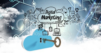 Digital composite image of key and cloud with digital marketing options