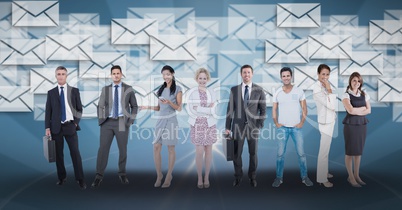 Digitally generated image of business people standing against envelope icons in background