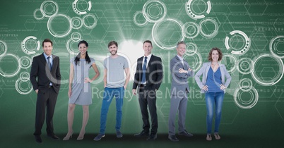 Digitally generated image of confident business people with tech graphics in background