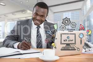 Digitally generated image of businessman with web design diagram working at desk in office