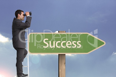 Side view of businessman using binoculars while standing on ladder by succees text on sign board aga
