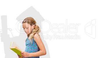 Digital composite image of girl reading book with graduate shadow in back