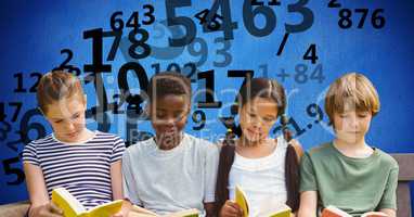 Digital composite image of students studying while numbers flying in background