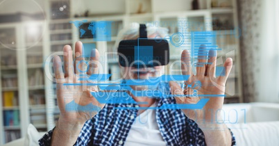 Digital composite image of man using VR glasses