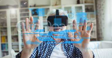 Digital composite image of man using VR glasses