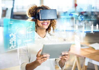 Woman wearing VR Virtual Reality Headset with Interface